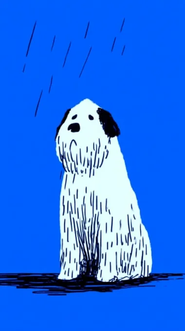 minimalistic illustration of a very sad puppy, dog. Dog sits and cries, blue fill background. sad mood