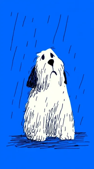 minimalistic illustration of a very sad puppy, dog. Dog sits and cries, blue fill background. sad mood