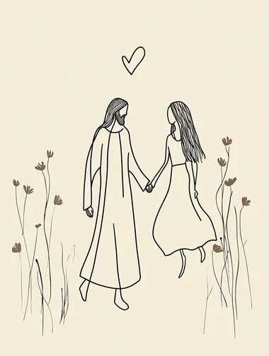 minimalist continuous line drawing of Jesus walking with a young woman in a dress, holding hands, simple black line art on cream background, heart symbol above, delicate brown watercolor flowers on dress hem, religious art, tender moment, minimal details, no facial features, flowing robes and dress, one-line drawing technique, elegant simplicity
