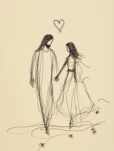 minimalist continuous line drawing of Jesus walking with a young woman in a dress, holding hands, simple black line art on cream background, heart symbol above, delicate brown watercolor flowers on dress hem, religious art, tender moment, minimal details, no facial features, flowing robes and dress, one-line drawing technique, elegant simplicity