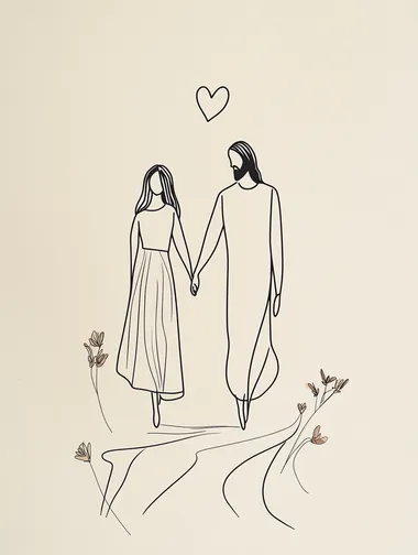 minimalist continuous line drawing of Jesus walking with a young woman in a dress, holding hands, simple black line art on cream background, heart symbol above, delicate brown watercolor flowers on dress hem, religious art, tender moment, minimal details, no facial features, flowing robes and dress, one-line drawing technique, elegant simplicity