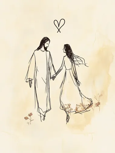 minimalist continuous line drawing of Jesus walking with a young woman in a dress, holding hands, simple black line art on cream background, heart symbol above, delicate brown watercolor flowers on dress hem, religious art, tender moment, minimal details, no facial features, flowing robes and dress, one-line drawing technique, elegant simplicity
