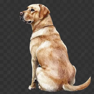 watercolor hand drawn yellow labrador retriever, sitting down, back view, head facing forward, isolated on white background, detailed and sharp