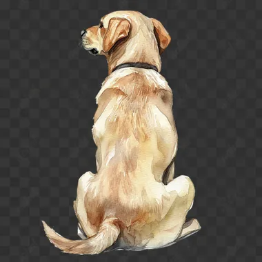 watercolor hand drawn yellow labrador retriever, sitting down, back view, head facing forward, isolated on white background, detailed and sharp