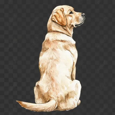 watercolor hand drawn yellow labrador retriever, sitting down, back view, head facing forward, isolated on white background, detailed and sharp