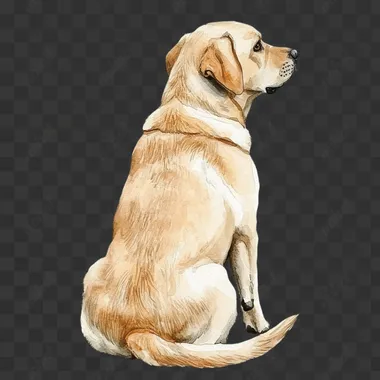 watercolor hand drawn yellow labrador retriever, sitting down, back view, head facing forward, isolated on white background, detailed and sharp