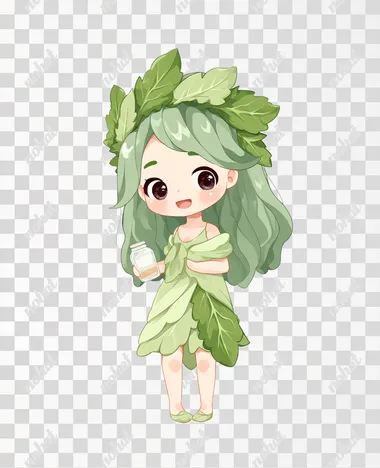 A cute chibi-style leafy vegetable girl, wearing a light green leafy-themed dress, with curled leaf headband shaped like lettuce or spinach, long soft green hair, big sparkling eyes, cheerful and gentle expression, holding a small water cup or gut health flag, white background, minimalist design, centered composition, blank space at the top for text, children's book illustration style, pastel colors  rofile ycisw45