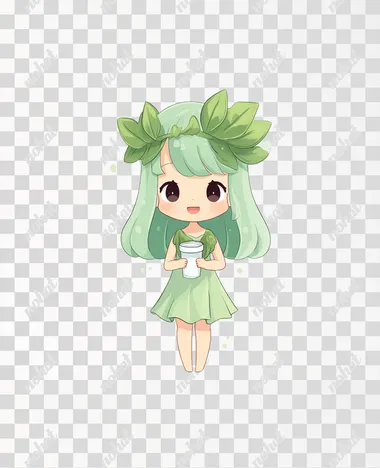 A cute chibi-style leafy vegetable girl, wearing a light green leafy-themed dress, with curled leaf headband shaped like lettuce or spinach, long soft green hair, big sparkling eyes, cheerful and gentle expression, holding a small water cup or gut health flag, white background, minimalist design, centered composition, blank space at the top for text, children's book illustration style, pastel colors  rofile ycisw45