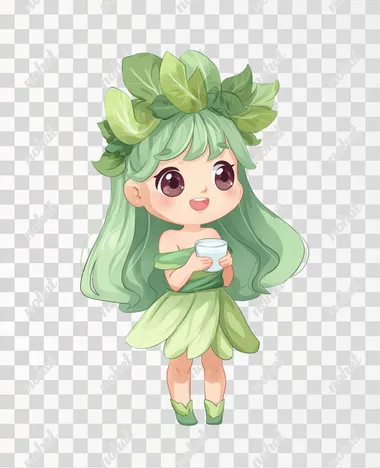A cute chibi-style leafy vegetable girl, wearing a light green leafy-themed dress, with curled leaf headband shaped like lettuce or spinach, long soft green hair, big sparkling eyes, cheerful and gentle expression, holding a small water cup or gut health flag, white background, minimalist design, centered composition, blank space at the top for text, children's book illustration style, pastel colors  rofile ycisw45