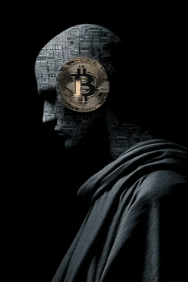 mediatiave person by a bitcon logo realzing that poltics dont mean anything and money is not money and bitcon is make it realstic please
