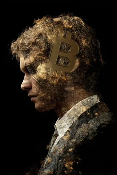 mediatiave person by a bitcon logo realzing that poltics dont mean anything and money is not money and bitcon is make it realstic please