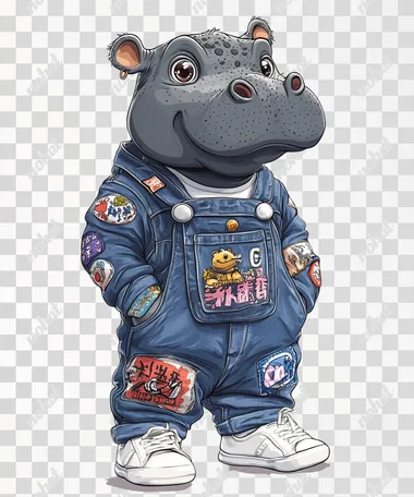 cute baby hippo denim overalls with various patches, including logos and symbols from popular Japanese pop culture icons, The hippo is also wearing white sneakers, in a clipart-style illustration against a clean, Low-angle shot, solid white background  --s 250