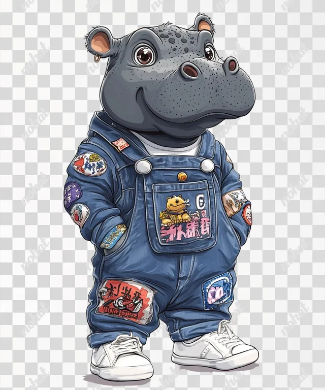 PNG Cute Baby Hippo in Denim Overalls with Pop Culture Patches, Sneakers
