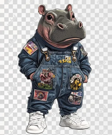 cute baby hippo denim overalls with various patches, including logos and symbols from popular Japanese pop culture icons, The hippo is also wearing white sneakers, in a clipart-style illustration against a clean, Low-angle shot, solid white background  --s 250