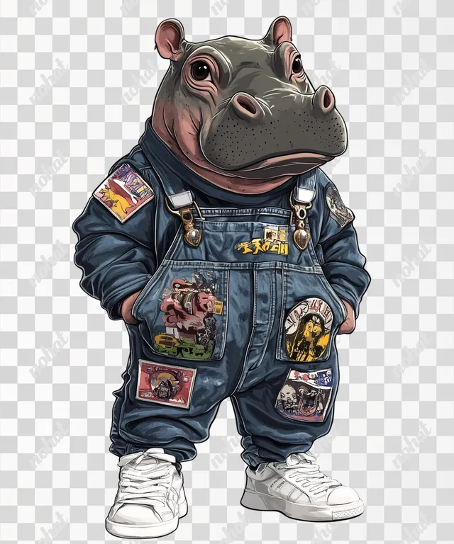 PNG Cute baby hippo in denim overalls and sneakers with pop culture patches
