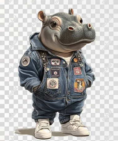cute baby hippo denim overalls with various patches, including logos and symbols from popular Japanese pop culture icons, The hippo is also wearing white sneakers, in a clipart-style illustration against a clean, Low-angle shot, solid white background  --s 250