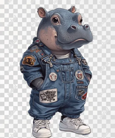 cute baby hippo denim overalls with various patches, including logos and symbols from popular Japanese pop culture icons, The hippo is also wearing white sneakers, in a clipart-style illustration against a clean, Low-angle shot, solid white background  --s 250