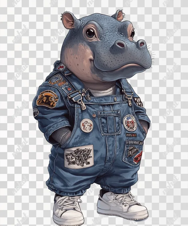 PNG Cute Baby Hippo in Denim Overalls with Japanese Pop Culture Patches