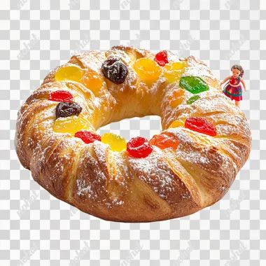 A traditional Rosca de Reyes, a ring-shaped festive bread with a golden crust, topped with colorful candied fruits, sugar, and a light dusting of powdered sugar. The bread is presented on a clean, minimalistic white background, in a 45 degree angle, emphasizing its textures, vibrant decorations, and classic details. Next to the Rosca there should be a small doll standing The composition is simple and elegant, with no additional elements to distract from the focus on the pastry 4k--v6