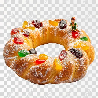 A traditional Rosca de Reyes, a ring-shaped festive bread with a golden crust, topped with colorful candied fruits, sugar, and a light dusting of powdered sugar. The bread is presented on a clean, minimalistic white background, in a 45 degree angle, emphasizing its textures, vibrant decorations, and classic details. Next to the Rosca there should be a small doll standing The composition is simple and elegant, with no additional elements to distract from the focus on the pastry 4k--v6