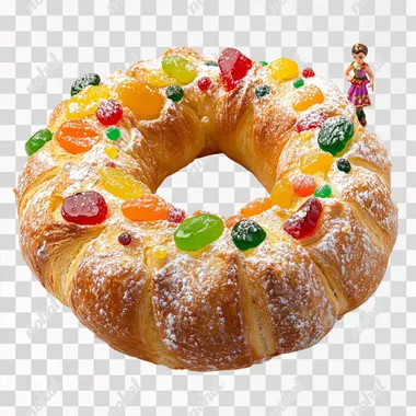 A traditional Rosca de Reyes, a ring-shaped festive bread with a golden crust, topped with colorful candied fruits, sugar, and a light dusting of powdered sugar. The bread is presented on a clean, minimalistic white background, in a 45 degree angle, emphasizing its textures, vibrant decorations, and classic details. Next to the Rosca there should be a small doll standing The composition is simple and elegant, with no additional elements to distract from the focus on the pastry 4k--v6