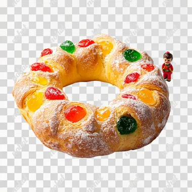 A traditional Rosca de Reyes, a ring-shaped festive bread with a golden crust, topped with colorful candied fruits, sugar, and a light dusting of powdered sugar. The bread is presented on a clean, minimalistic white background, in a 45 degree angle, emphasizing its textures, vibrant decorations, and classic details. Next to the Rosca there should be a small doll standing The composition is simple and elegant, with no additional elements to distract from the focus on the pastry 4k--v6
