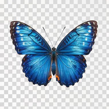 Bright Blue Butterfly With Light Blue Spots from above against a white background --s 250