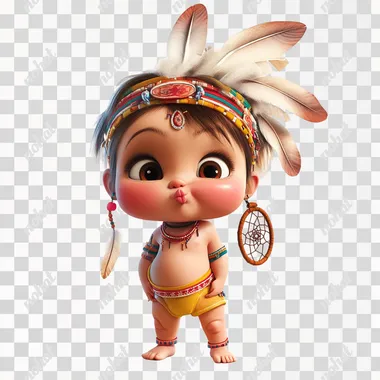 A beautiful little baby girl, wearing an Indian headdress, pout, kissing, dreamcatcher decoration, standing in an elegant posture, big bright eyes, full body, in a realistic portrayal of light and shadow, Pixar style, white background.   --s 50