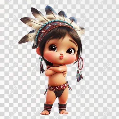 A beautiful little baby girl, wearing an Indian headdress, pout, kissing, dreamcatcher decoration, standing in an elegant posture, big bright eyes, full body, in a realistic portrayal of light and shadow, Pixar style, white background.   --s 50