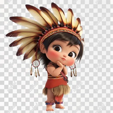 A beautiful little baby girl, wearing an Indian headdress, pout, kissing, dreamcatcher decoration, standing in an elegant posture, big bright eyes, full body, in a realistic portrayal of light and shadow, Pixar style, white background.   --s 50