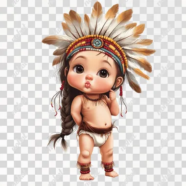 A beautiful little baby girl, wearing an Indian headdress, pout, kissing, dreamcatcher decoration, standing in an elegant posture, big bright eyes, full body, in a realistic portrayal of light and shadow, Pixar style, white background.   --s 50