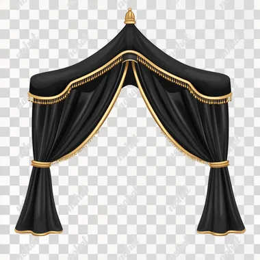 cartoon marquee tent clip art with the black curtains pulled to the side and empty space at the center, vector, 2D, black color, whitebackground