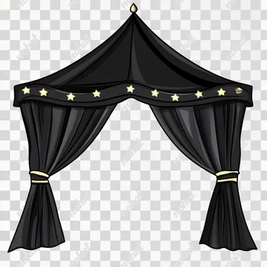 cartoon marquee tent clip art with the black curtains pulled to the side and empty space at the center, vector, 2D, black color, whitebackground