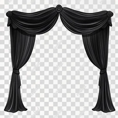 cartoon marquee tent clip art with the black curtains pulled to the side and empty space at the center, vector, 2D, black color, whitebackground