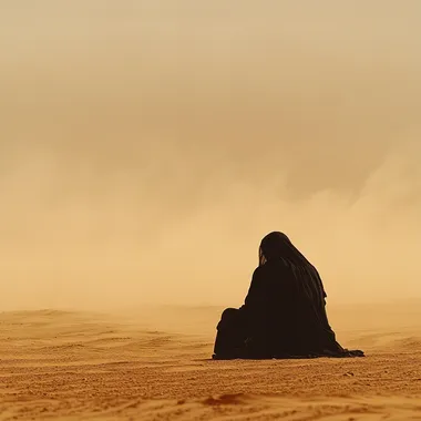 A lone man sitting slightly off-center in a vast desert during a sandstorm, seen from a distance. He is wearing traditional black desert attire, such as a djellaba or thobe, and a headscarf (keffiyeh) blowing gently in the wind. His clothing is typical of desert nomads, flowing but functional. A small part of a tent is visible on the same side as the man, adding a sense of nomadic life. The atmosphere is filled with swirling golden and orange sand, creating a textured, grainy look from afar. The lighting is soft and diffused due to the dust, creating a cinematic and nostalgic feel. The sand and sky blend together in the background, emphasizing the vastness and isolation of the desert, with a film grain texture, photorealistic, wide-angle view.