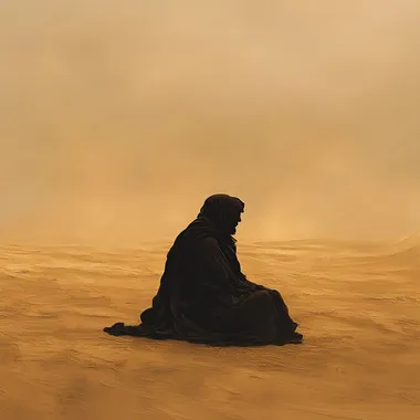 A lone man sitting slightly off-center in a vast desert during a sandstorm, seen from a distance. He is wearing traditional black desert attire, such as a djellaba or thobe, and a headscarf (keffiyeh) blowing gently in the wind. His clothing is typical of desert nomads, flowing but functional. A small part of a tent is visible on the same side as the man, adding a sense of nomadic life. The atmosphere is filled with swirling golden and orange sand, creating a textured, grainy look from afar. The lighting is soft and diffused due to the dust, creating a cinematic and nostalgic feel. The sand and sky blend together in the background, emphasizing the vastness and isolation of the desert, with a film grain texture, photorealistic, wide-angle view.