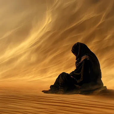 A lone man sitting slightly off-center in a vast desert during a sandstorm, seen from a distance. He is wearing traditional black desert attire, such as a djellaba or thobe, and a headscarf (keffiyeh) blowing gently in the wind. His clothing is typical of desert nomads, flowing but functional. A small part of a tent is visible on the same side as the man, adding a sense of nomadic life. The atmosphere is filled with swirling golden and orange sand, creating a textured, grainy look from afar. The lighting is soft and diffused due to the dust, creating a cinematic and nostalgic feel. The sand and sky blend together in the background, emphasizing the vastness and isolation of the desert, with a film grain texture, photorealistic, wide-angle view.
