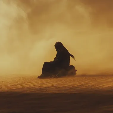 A lone man sitting slightly off-center in a vast desert during a sandstorm, seen from a distance. He is wearing traditional black desert attire, such as a djellaba or thobe, and a headscarf (keffiyeh) blowing gently in the wind. His clothing is typical of desert nomads, flowing but functional. A small part of a tent is visible on the same side as the man, adding a sense of nomadic life. The atmosphere is filled with swirling golden and orange sand, creating a textured, grainy look from afar. The lighting is soft and diffused due to the dust, creating a cinematic and nostalgic feel. The sand and sky blend together in the background, emphasizing the vastness and isolation of the desert, with a film grain texture, photorealistic, wide-angle view.