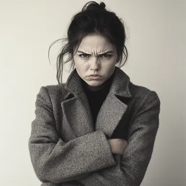 A 30-year-old woman with a frown and a tense jaw, wearing a long coat. Her arms are crossed tightly over her chest, radiating frustration and defensiveness.