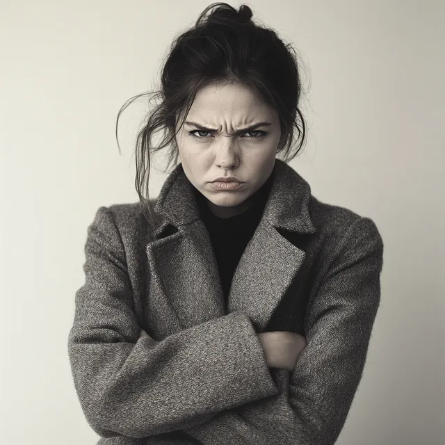 30-year-old woman in long coat, arms crossed, frowning in urban setting