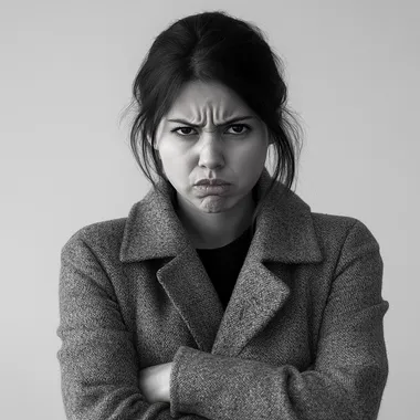 A 30-year-old woman with a frown and a tense jaw, wearing a long coat. Her arms are crossed tightly over her chest, radiating frustration and defensiveness.