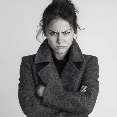 A 30-year-old woman with a frown and a tense jaw, wearing a long coat. Her arms are crossed tightly over her chest, radiating frustration and defensiveness.