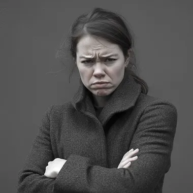 A 30-year-old woman with a frown and a tense jaw, wearing a long coat. Her arms are crossed tightly over her chest, radiating frustration and defensiveness.