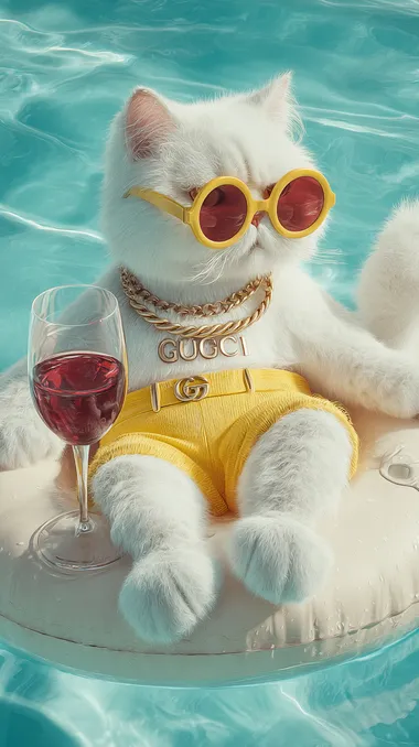 A cute, big, fluffy white cat floating on a pool floaty, wearing yellow boxer shorts and yellow sunglasses. The cat has a shiny Gucci gold chain around its neck and is holding a glass of red wine in one paw. The pool water is bright blue under clear, sunny skies, giving a warm, luxurious, cinematic summer vibe. Captured with an 85mm lens, ultra-detailed, photorealistic, realistic shadows and reflections.
