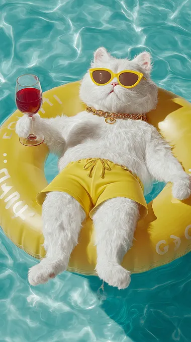 A cute, big, fluffy white cat floating on a pool floaty, wearing yellow boxer shorts and yellow sunglasses. The cat has a shiny Gucci gold chain around its neck and is holding a glass of red wine in one paw. The pool water is bright blue under clear, sunny skies, giving a warm, luxurious, cinematic summer vibe. Captured with an 85mm lens, ultra-detailed, photorealistic, realistic shadows and reflections.