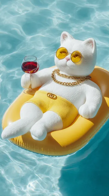 A cute, big, fluffy white cat floating on a pool floaty, wearing yellow boxer shorts and yellow sunglasses. The cat has a shiny Gucci gold chain around its neck and is holding a glass of red wine in one paw. The pool water is bright blue under clear, sunny skies, giving a warm, luxurious, cinematic summer vibe. Captured with an 85mm lens, ultra-detailed, photorealistic, realistic shadows and reflections.