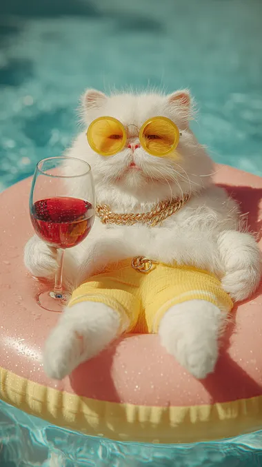 A cute, big, fluffy white cat floating on a pool floaty, wearing yellow boxer shorts and yellow sunglasses. The cat has a shiny Gucci gold chain around its neck and is holding a glass of red wine in one paw. The pool water is bright blue under clear, sunny skies, giving a warm, luxurious, cinematic summer vibe. Captured with an 85mm lens, ultra-detailed, photorealistic, realistic shadows and reflections.
