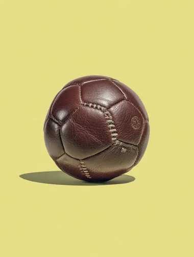 A classic vintage leather soccer football, minimal pastel yellow background, retro cinematic lighting, nostalgic poster style, centred composition, soft shadows, subtle grain, bold yet minimal   --raw rofile lia5zav k5ni7kr