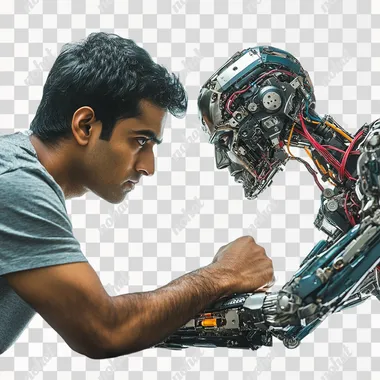 Arm Wrestling between an Indian man vs a robot, photorealistic, studio lighting, tired face, isolated on white background