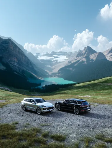 a cinematic high-resolution automotive landscape featuring two luxury SUVs parked on a wide open mountain plateau. One SUV is sleek silver, the other is glossy black, both sharply detailed with clean reflections, parked side-by-side on a smooth gravel plateau surface with slight texture and a subtle moist sheen, as if lightly damp from early morning dew. The background features vibrant green grassy hills rolling gently toward a vast serene turquoise alpine lake, bordered by majestic rugged mountains covered with patches of snow under a bright clear blue sky. The entire scene is bathed in soft natural sunlight, maintaining crisp shadows, vivid reflections on the vehicles and terrain, and a clear fresh atmosphere. The ground showcases fine textured stones with delicate highlights where sunlight grazes across the subtly damp surface. The composition emphasizes wide open space, majestic scenery, and a cinematic luxury travel mood. No text. Photorealistic clarity, cinematic lighting, ultra-detailed textures on vehicles and ground, lush summer grass, vivid highland colors. 8K resolution    5kgl8x5 --raw